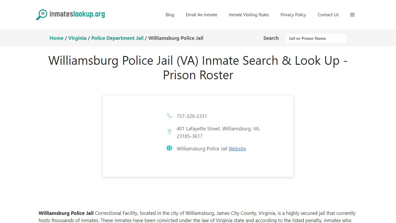 Williamsburg Police Jail (VA) Inmate Search & Look Up - Prison Roster